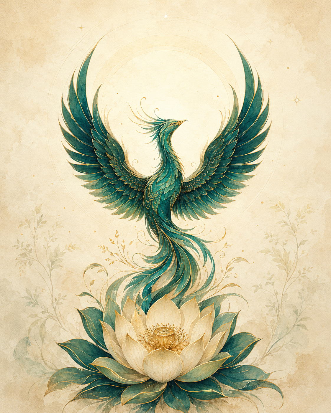 Cover of The Grounded Spiritual Path, featuring a teal phoenix rising above a gold lotus